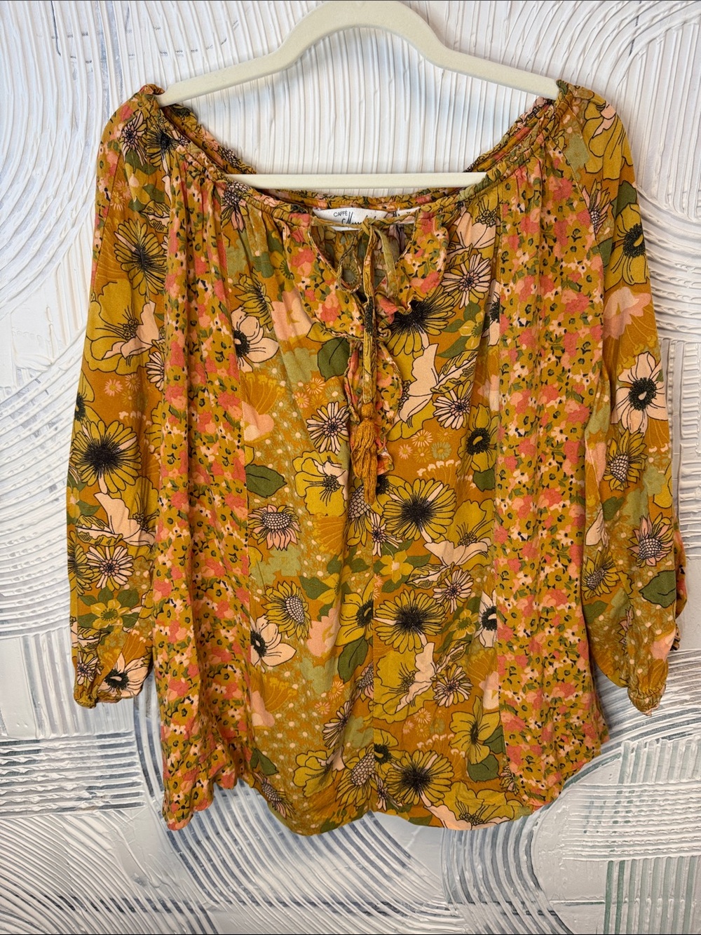 Floral Tie-Neck Peasant Blouse in Mustard and Pink 0475